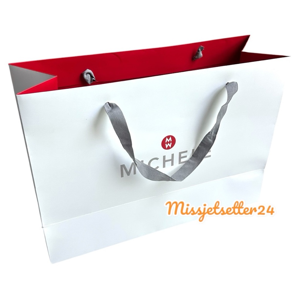 Large Michele Watch MW White Shopping Bag With Gray Ribbon Handles